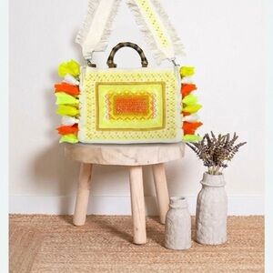 Fabulous MJ New York Boho Embroidered Tassel Tote Crossbody Bag Bamboo Handle